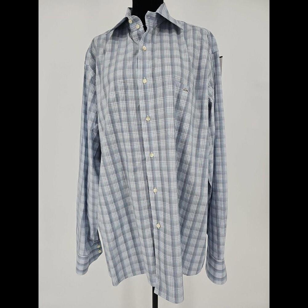 Lacoste Shirt Mens 46 Blue Gingham Plaid Modern Slim Fit Button Down Dress Shirt